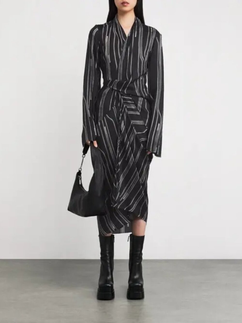 Rick Owens Printed Wrap Midi Dress Black Long Sleeve Satin Quiet Luxury Sz 6 NWT